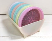 Vintage Tupperware Pastel Wagon Wheel Coasters Caddy 567 Set of 6 foam inserts