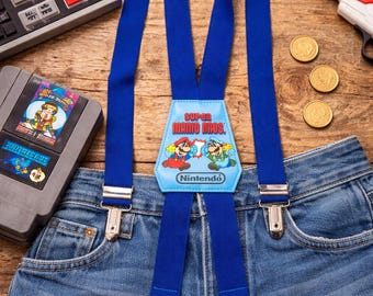 Tirantes infantiles de Super Mario Bros de Nintendo de 1988, estilo retro de los años 80.