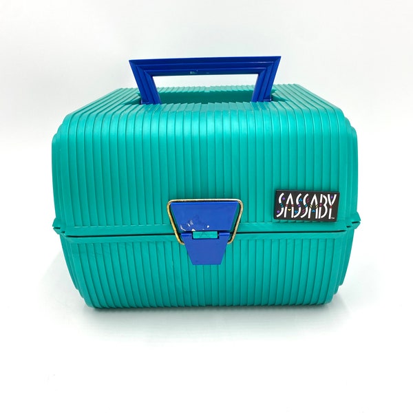 Vintage 80s Make up Case Travel Case Sassaby Teal and Blue Vintage Make Up Train Case Box Organizer With Mirror Tray