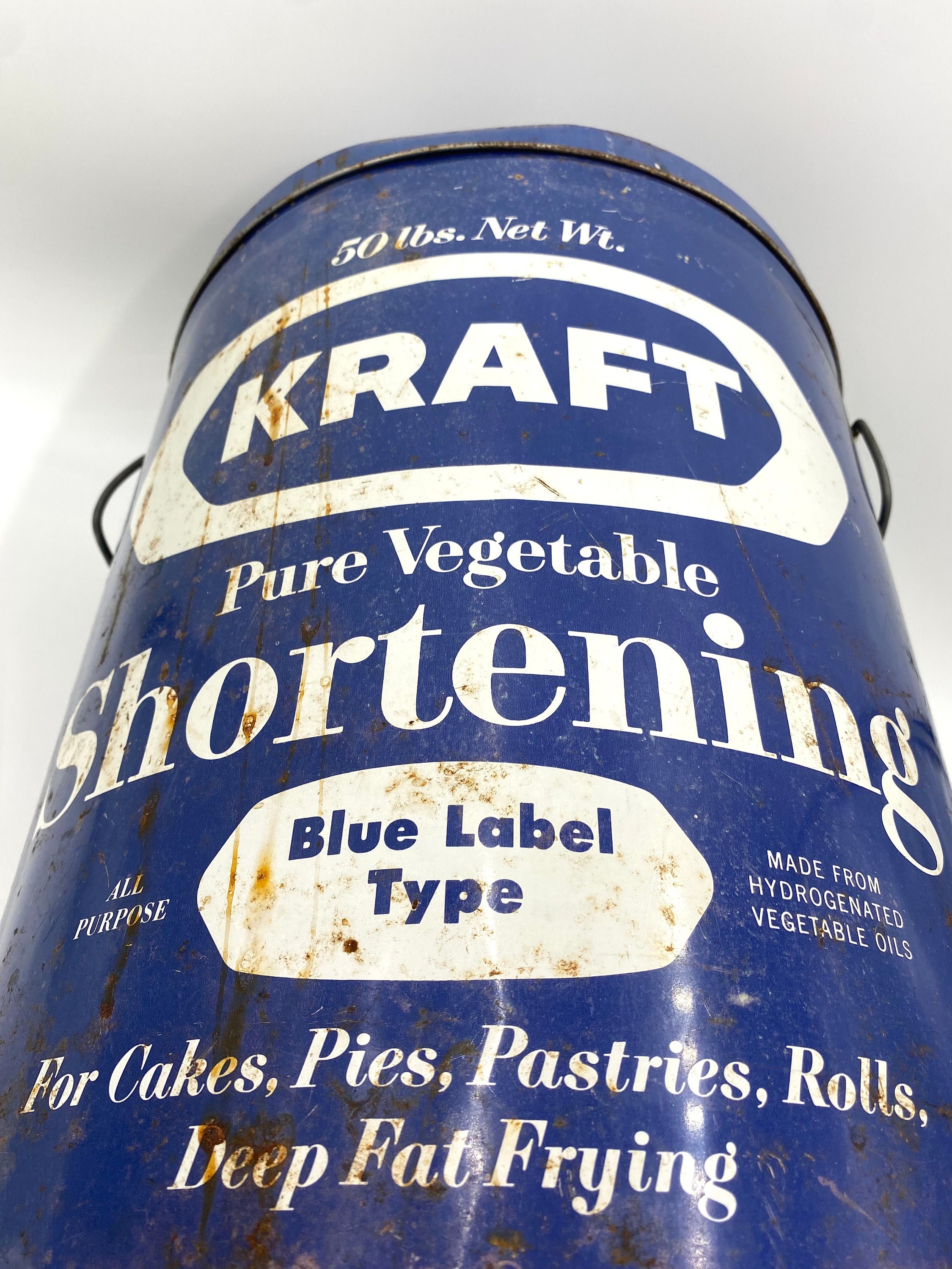 Vintage 100 Lbs Blue KRAFT Shortening Can Tin Tub Advertising