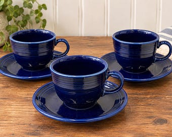 Tazas y platillos de café azules, juego de 3, vajilla de cerámica acanalada de estilo retro.