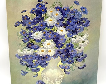 □Blue flower□Juliane Marie□額装３４×２８◇陶板画◇ VTG Lithograph Floral Blue and White Bouquet, Titled Pompons and