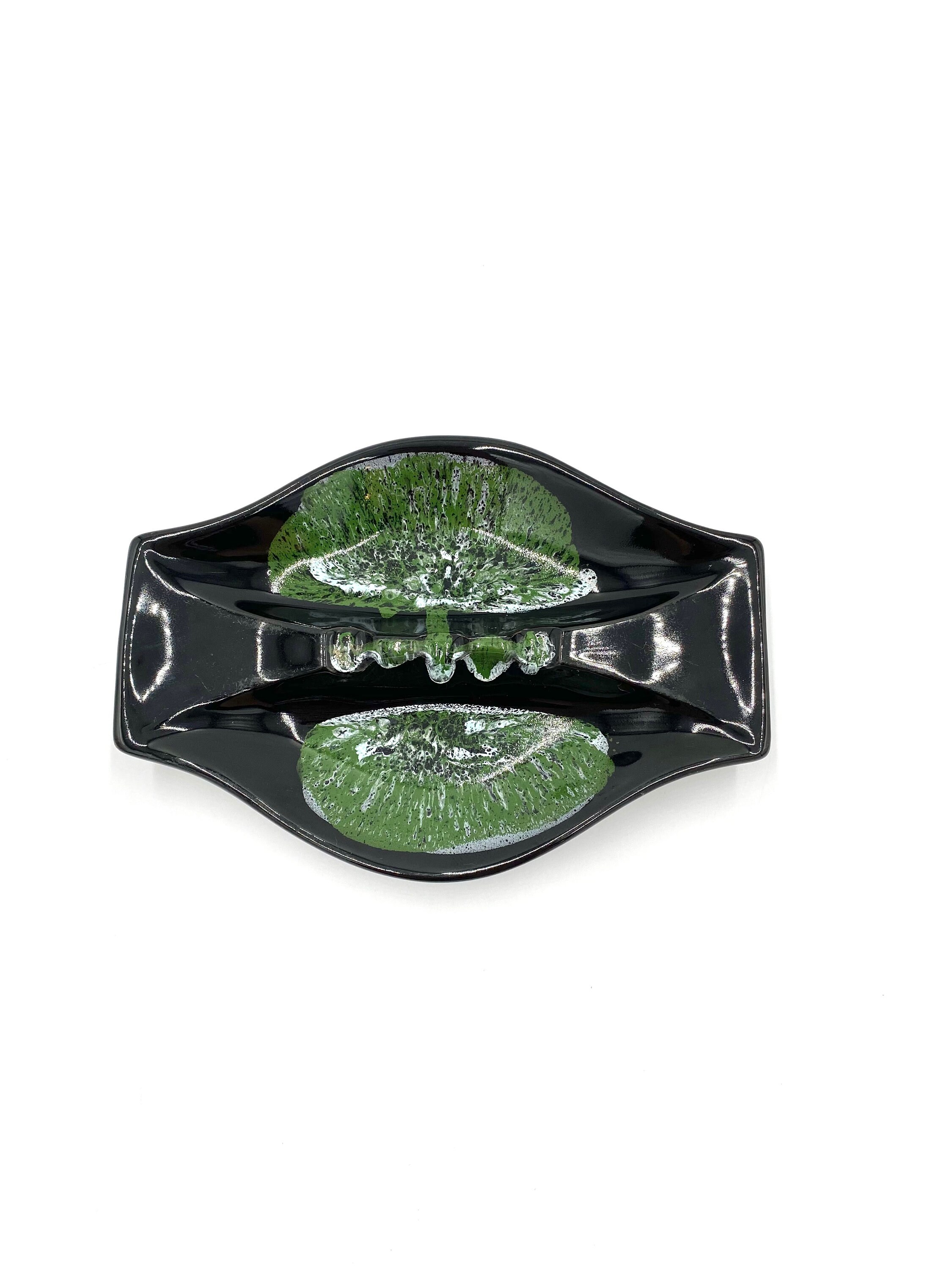 Vintage Ceramic Ashtray Black And Green 3 Slots.