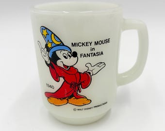 Taza de café vintage de vidrio opalino de Walt Disney Mickey Mouse Fantasía de la década de 1940 Colección Pepsi