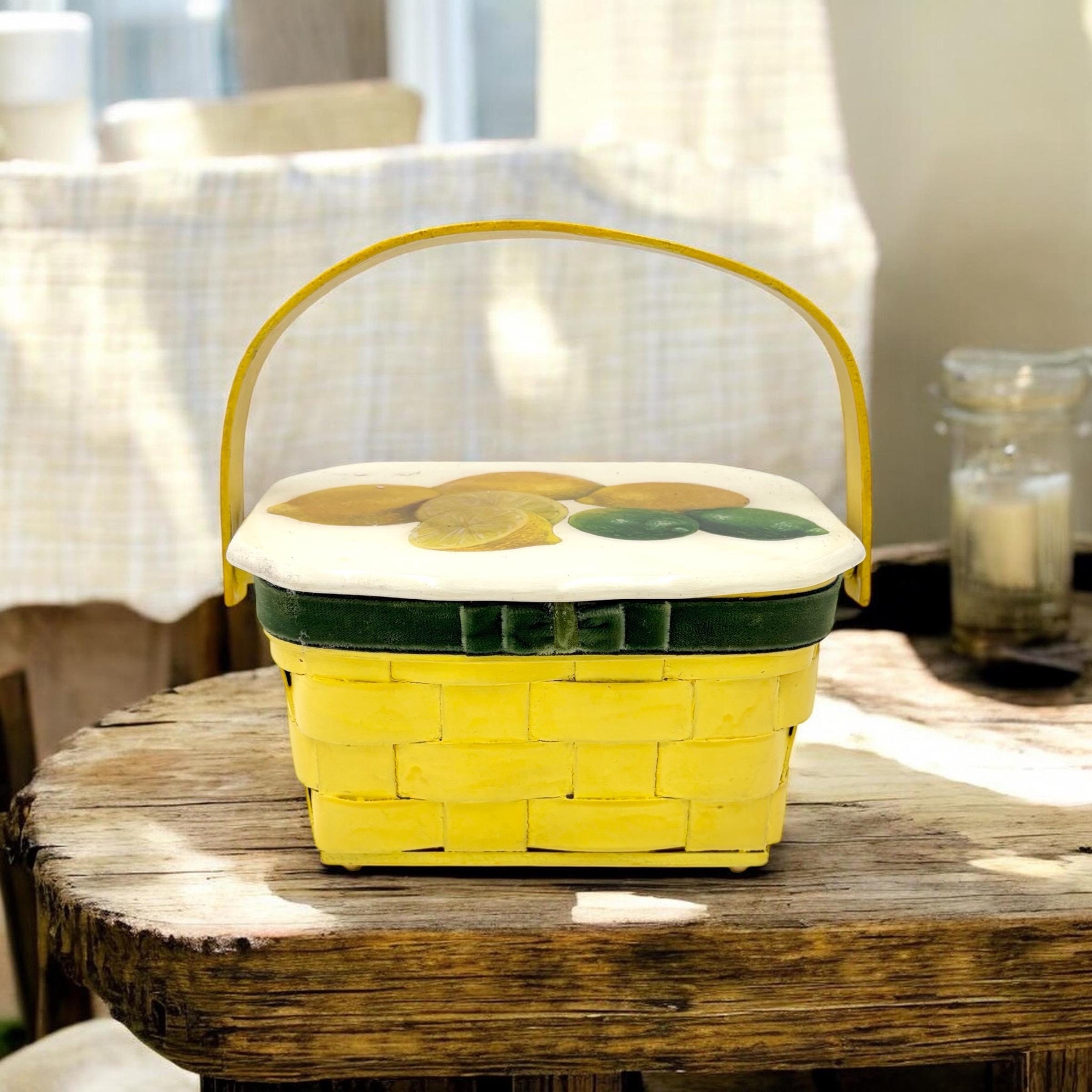 Vintage 1960s Lemon & Lime Picnic Basket – Yellow Wicker Basket
