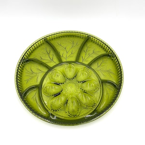 Vintage Platter Deviled Egg Plate Glass Green Divided Platter Egg Plate.