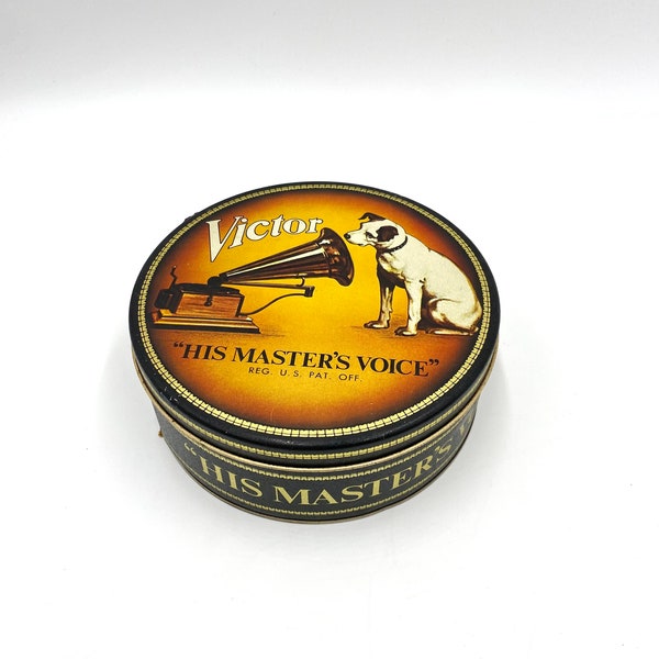 Music memorabilia Vintage Tin Victor His Master's Voice Tin EMPTY 7x3 Inch Collectible
