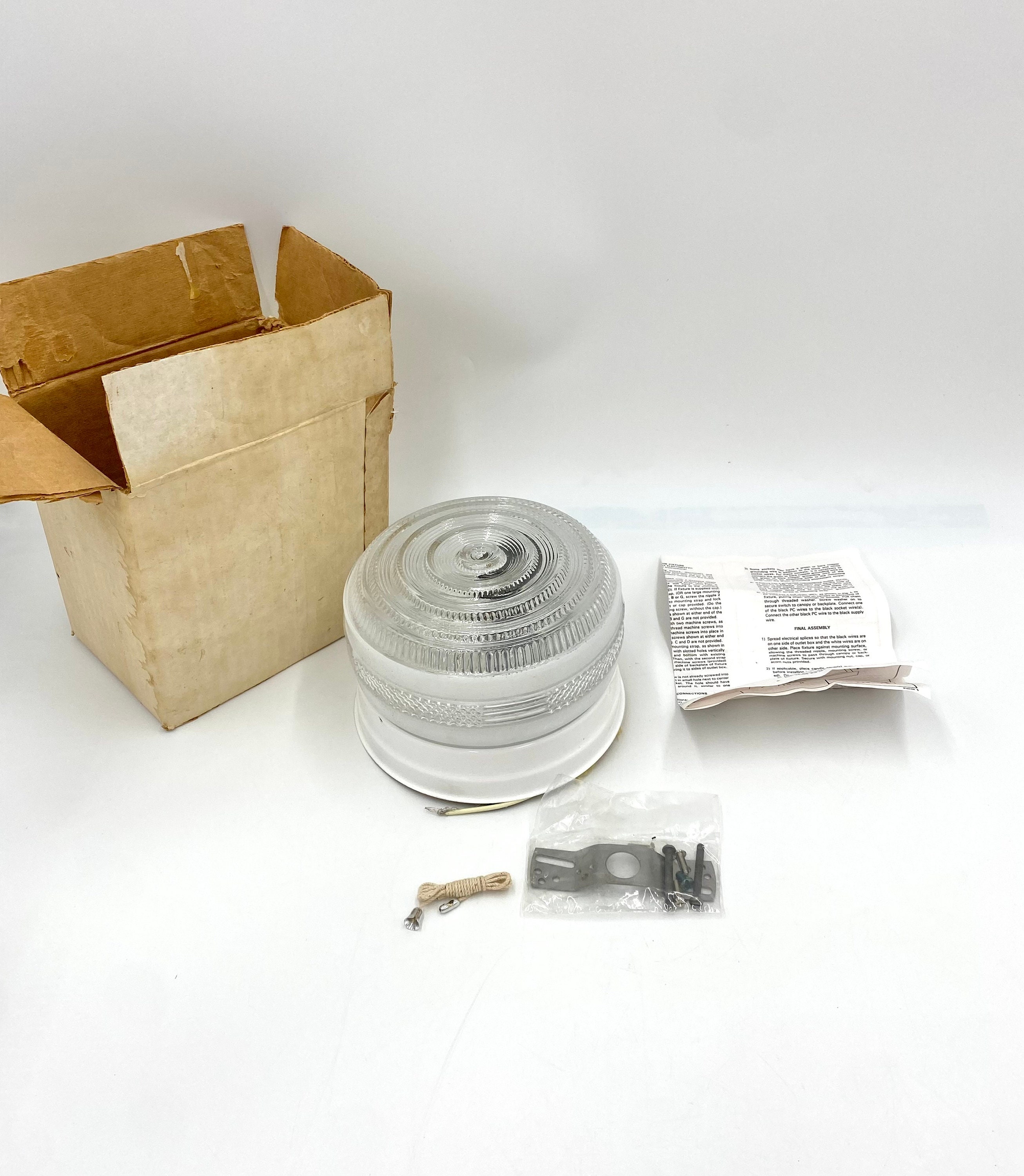 Vintage Round Ceiling Light Fixture Clear And White Glass.