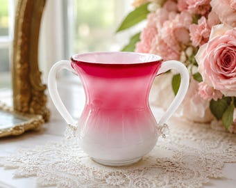 Jarrón de cristal artístico vintage de color rosa arándano y blanco con doble asa, con forma de copa de amor.