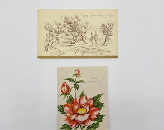 2 Vintage Happy Anniversary Cards 1950s Red Flowers Husband Wife Trees River.