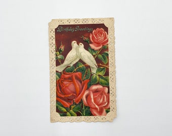 Vintage Postcard Birthday Greetings Doves and Rose Embossed Cut Edge Card German