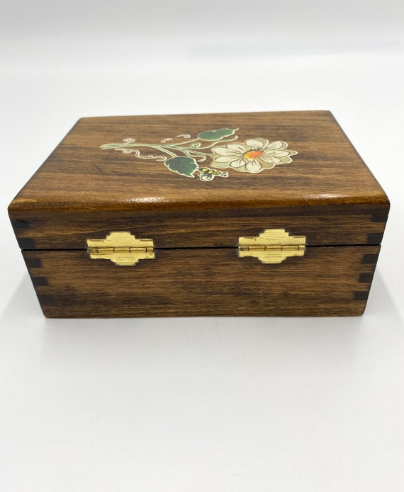 Vintage Wooden Jewelry Box Blue Velvet Lining Small Flower Stencil