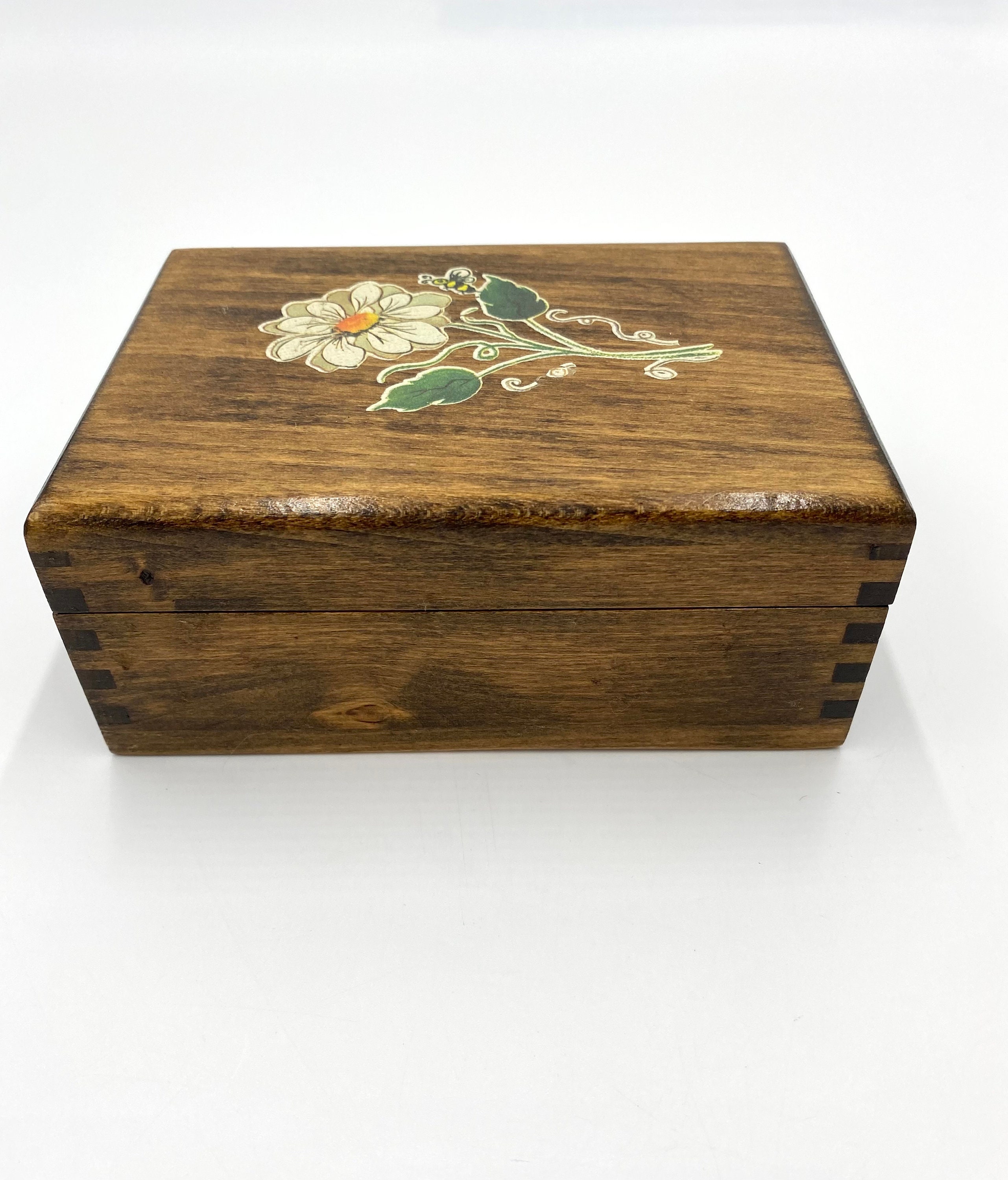Vintage Wooden Jewelry Box Blue Velvet Lining Small Flower Stencil