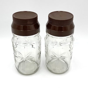 Kitchen Storage Mid Century Canisters 2 VINTAGE Anchor Hocking Glass Jars Starburst Container Instant Coffee Brown Lid