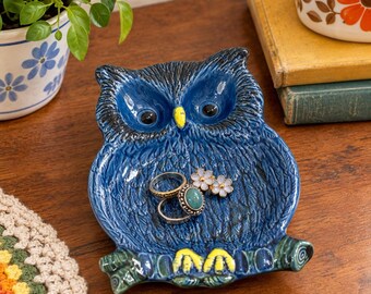 Bandeja de cerámica azul vintage con forma de búho, 9x6, plato esmaltado para joyas, organizador de joyas, decoración de aves, decoración vintage para el hogar.