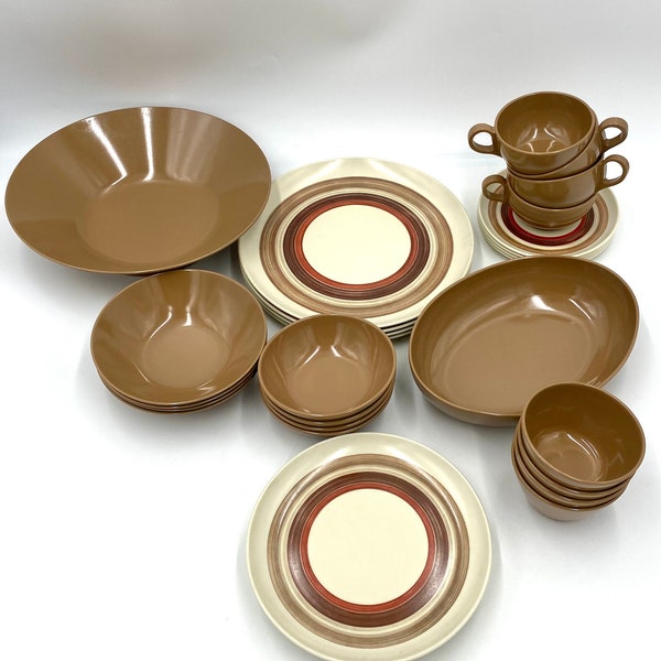 Plates Bowls Cups Dinnerware Set Melamine Melmac Brown Stripes Coffee Cups Vintage Lot Of 30