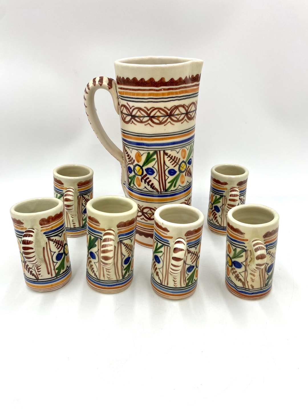 Pitcher In Spanish Vintage Spanish Ceramic Pitcher and Mugs Serveware Drinkware Midcentury ...