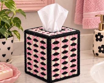 Funda para caja de pañuelos rosa y blanca hecha a mano, soporte cuadrado para pañuelos de baño, decoración femenina de estilo vintage, detalle decorativo para el hogar hecho a mano