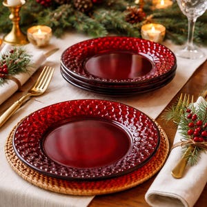 Puede incluir: Una mesa festiva con platos de vidrio rojo texturizado, cubiertos dorados y servilletas de lino. Los platos están apilados sobre manteles individuales tejidos, con velas y vegetación. También hay una copa de vino.