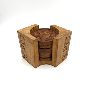 Vintage Wood Coasters Hand Carved With Metal Flower Inlays India.
