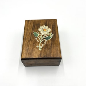Vintage Wooden Jewelry Box Blue Velvet Lining Small Flower Stencil Decor.