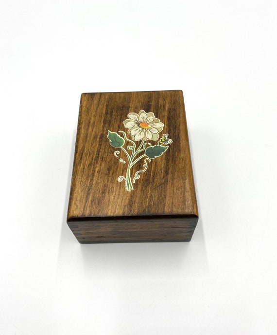 Vintage Wooden Jewelry Box Blue Velvet Lining Small Flower Stencil