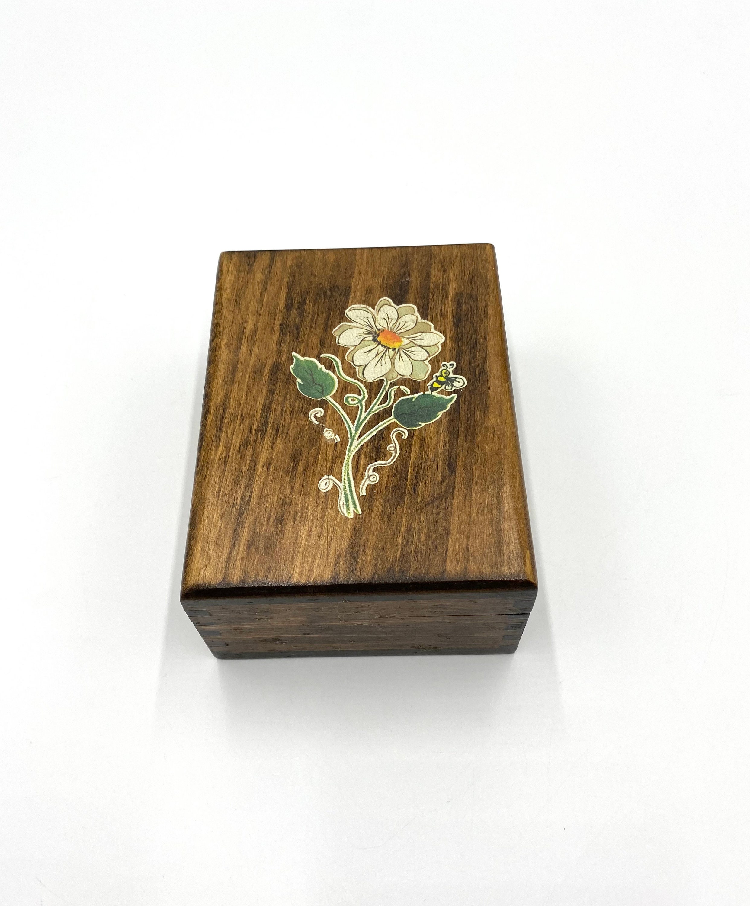 Vintage Wooden Jewelry Box Blue Velvet Lining Small Flower Stencil