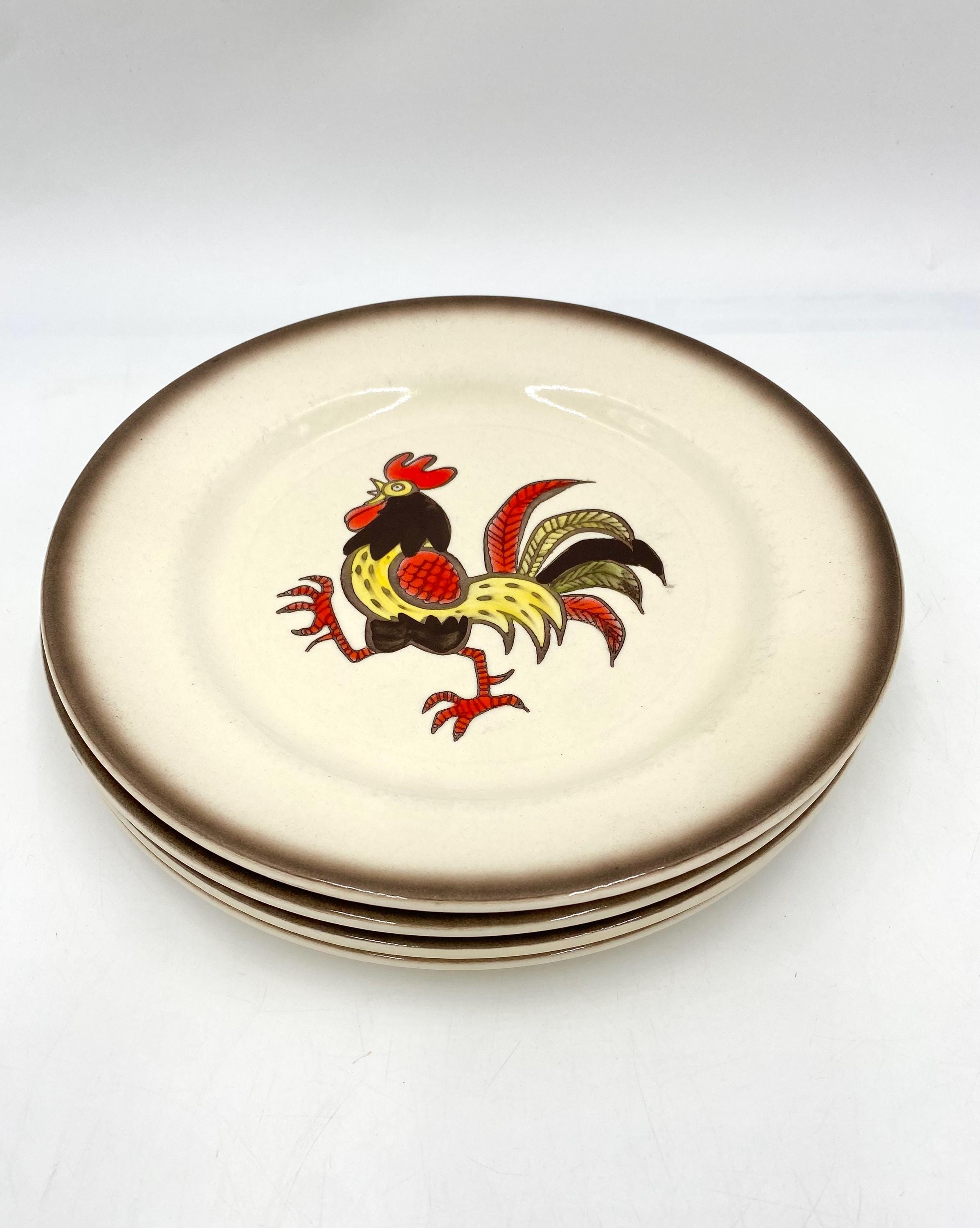 Chicken plates chicken decor farmhouse decorRed Rooster Poppytrail Metlox 10 inch Dinner Plate California Hand Painted  Set of 4