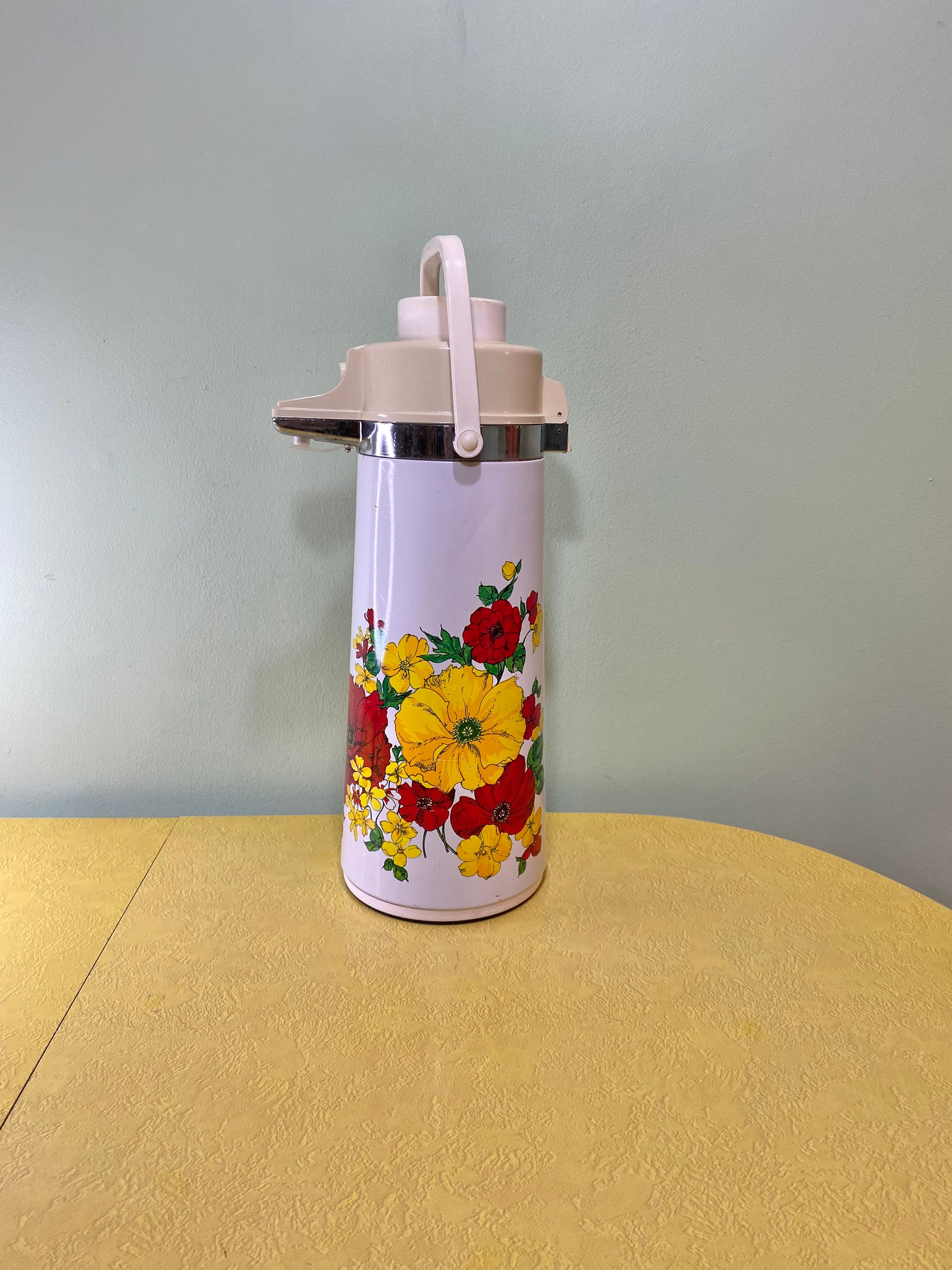 Vintage King 1.9 Liter Metal Pump Flask Thermos Hot Cold Floral