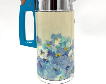 Jarra de café aislante con estampado floral azul vintage / Jarra térmica retro / Decoración de cocina rústica / Tetera de mediados de siglo / Juego de café vintage