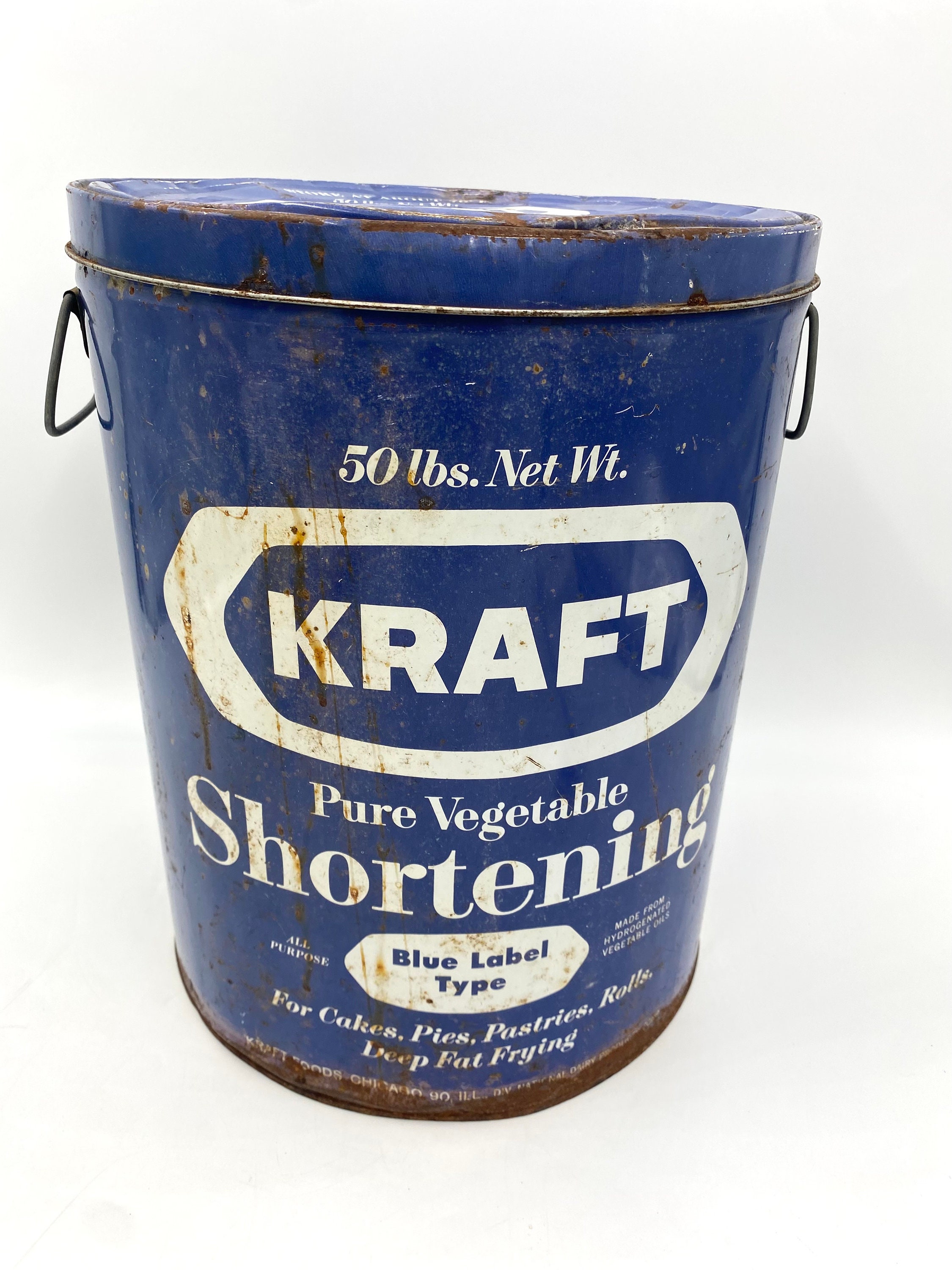 Vintage 100 Lbs Blue KRAFT Shortening Can Tin Tub Advertising