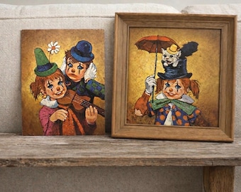 Vintage 1970s Clown Art Pair – Framed Clown Print – Retro Nursery or Circus Decor Vintage Wall Decor