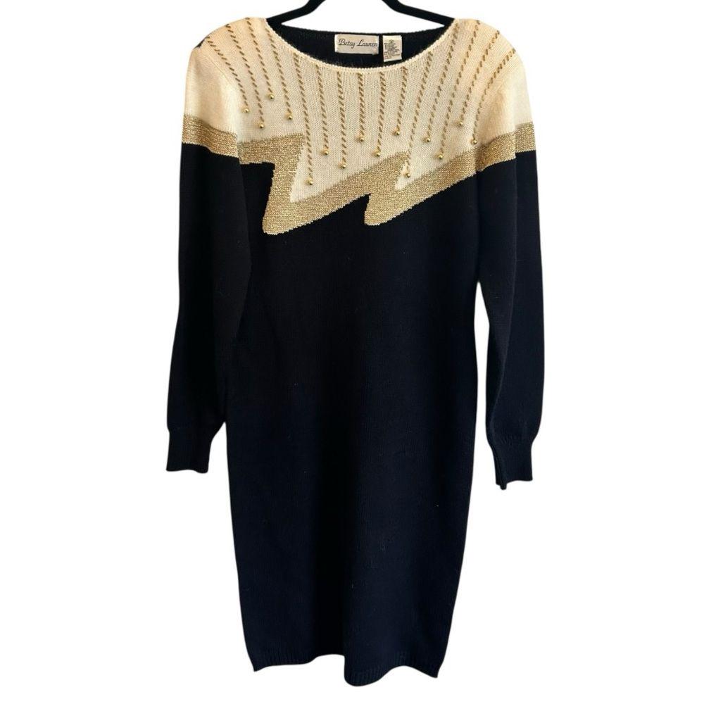 black and gold sweater dress Vintage Betsy Lauren Size Medium Cotton & Blend
