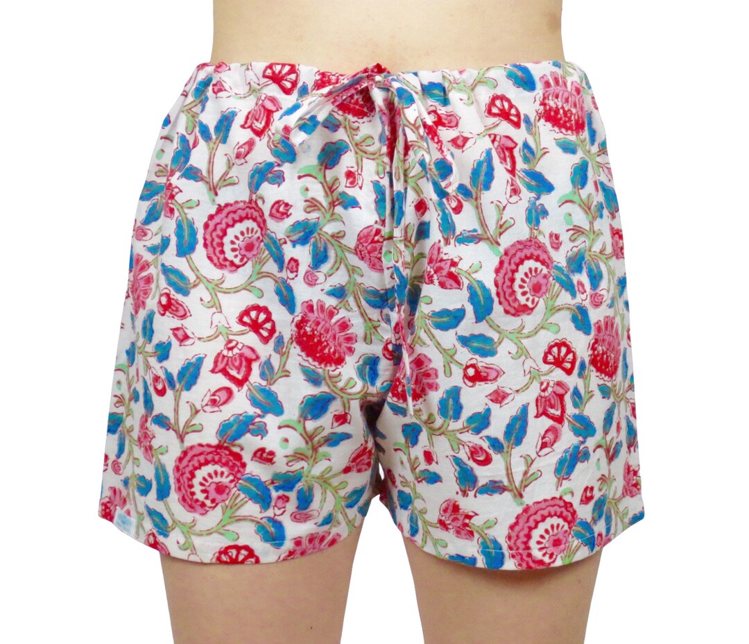 100% Pure Indian Cotton Floral Drawstring Pyjama Shorts, Sleepwear ...