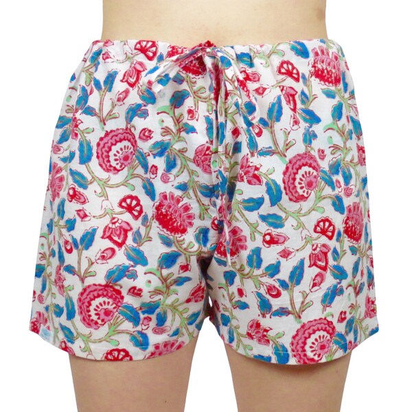 100% Pure Indian Cotton Floral Drawstring Pyjama Shorts, Sleepwear, Nightwear, Leisurewear, Summer, Holiday, Gift, Present