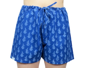 100% Pure Indian Cotton Indigo Drawstring Pyjama Shorts, Sleepwear, Nightwear, Leisurewear, Summer, Holiday, Gift, Present