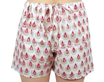 100% Pure Indian Cotton Voile Red Flower Pyjama Shorts, Sleepwear, Nightwear, Leisurewear, Summer, Holiday, Gift, Present