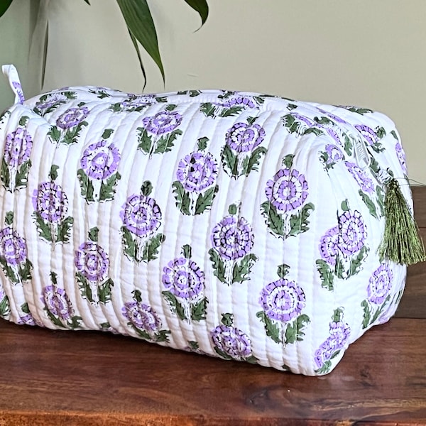 Large Purple Indian Cotton Block Print Wash Bag, Toiletry Bag, Waterproof Wash Bag, Cosmetic Bag,  Christmas, Present, Gift