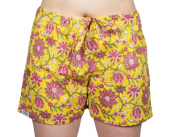 100% Pure Indian Cotton Yellow & Pink Pyjama Shorts, Sleepwear, Nightwear, Leisurewear, Summer, Holiday, Gift, Present