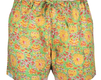 100% Pure Indian Cotton Green & Yellow Floral Pyjama Shorts, Sleepwear, Nightwear, Leisurewear, Summer, Holiday, Gift, Present