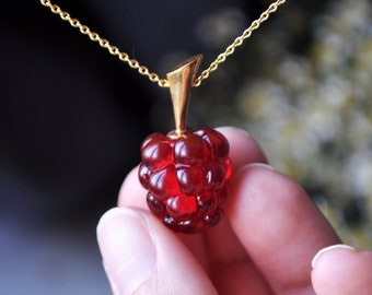bright necklace minimalist necklace flower necklace berries necklace raspberry everyday necklace Handmade Glass Necklace Red Raspberry
