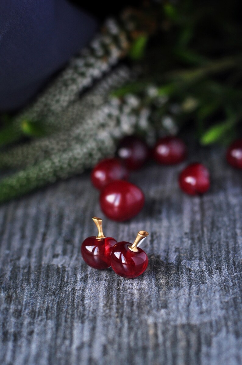 Cute tiny cherry studs earrings Cherries gold ear studs Fruit Etsy