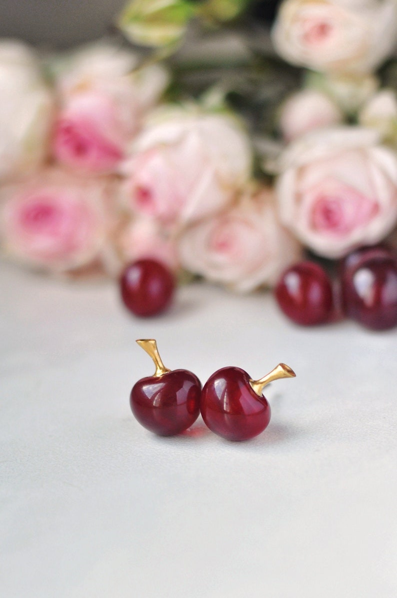 Cute tiny cherry studs earrings Cherries gold ear studs Fruit Etsy