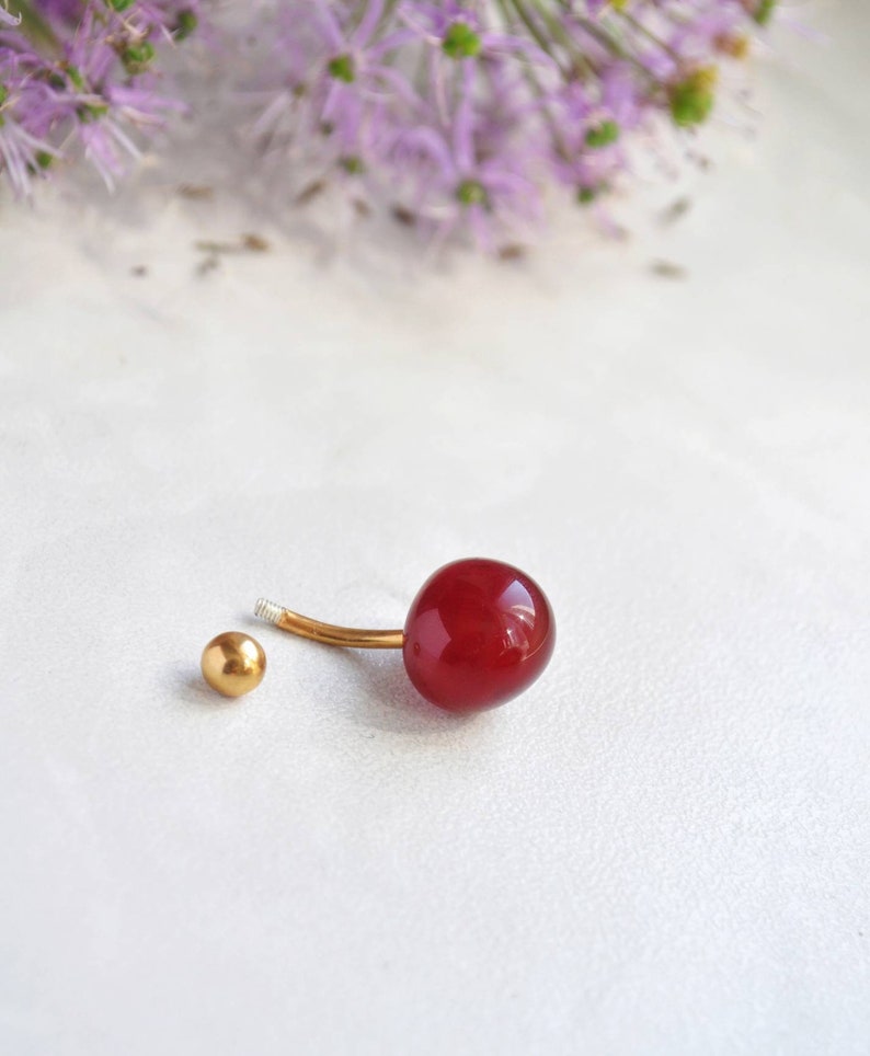 Cherry belly button ring Snug piercing jewelry Navel curved barbell Miniature food