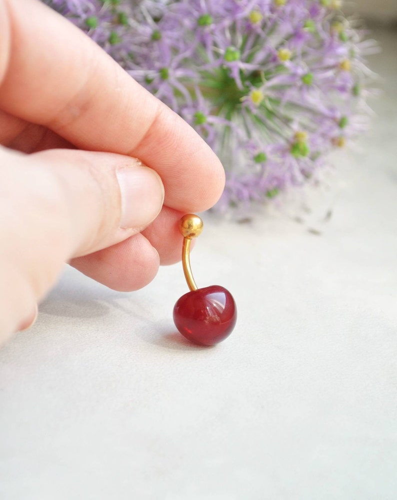 Cherry belly button ring Snug piercing jewelry Navel curved barbell Miniature food