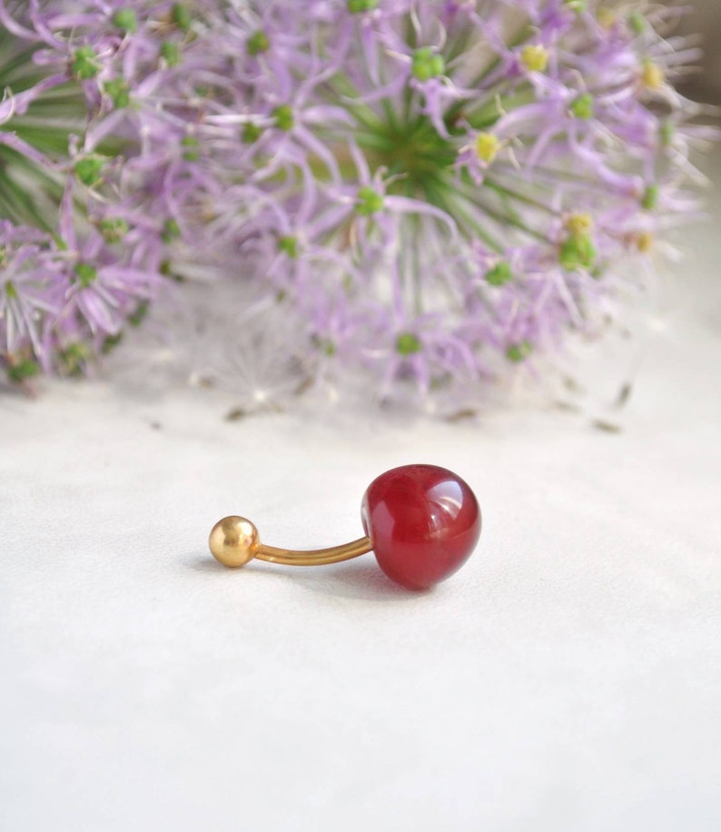 Cherry belly button ring Snug piercing jewelry Navel curved barbell Miniature food