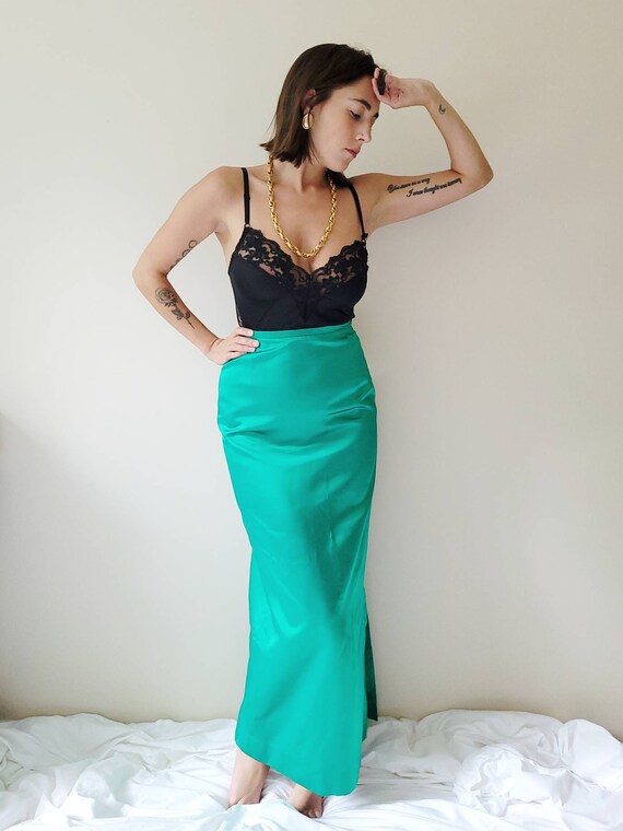 Vintage 60s Selfridges Emerald Green Satin Maxi Skirt W Slit Etsy
