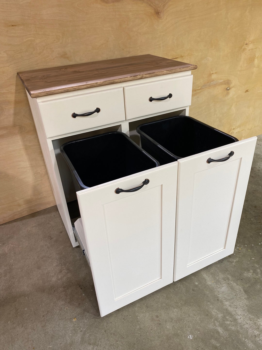 Double Trash Bin, Tilt Out Trash Can Cabinet, Wooden Trash Bin