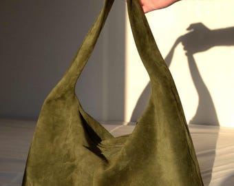 Khaki Wildleder Hobo Tasche, Große Boho Schultertasche für Frauen, Slouchy Alltagstasche mit Reißverschluss, Ledertasche Baumwollfutter