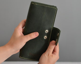Green Leather Wallet, Single Sided Tall Card Holder, Leather Clutch Wallet for Unisex, Long Slim Card Case, Wristlet Pocketbook Wallet